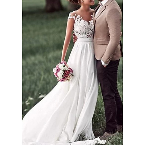 

A-Line Wedding Dresses Off Shoulder Sweep / Brush Train Chiffon Lace Regular Straps Boho with Draping Appliques 2021