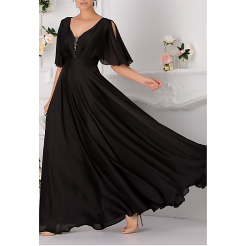 

A-Line Elegant Formal Evening Dress V Neck Short Sleeve Floor Length Chiffon with Pleats 2021