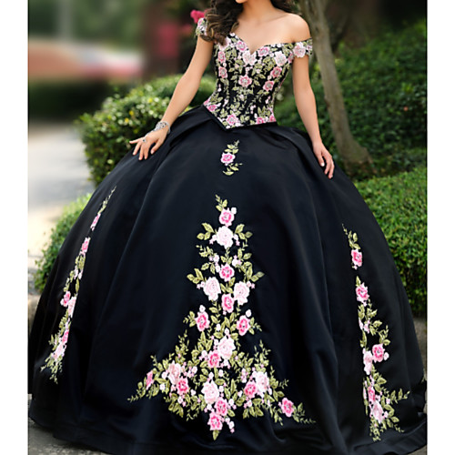 

A-Line Elegant Prom Formal Evening Dress Strapless Short Sleeve Floor Length Lace Satin with Embroidery Appliques 2021
