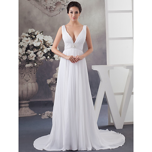 

A-Line Wedding Dresses V Neck Chapel Train Chiffon Satin Regular Straps with Crystals Beading Draping 2021