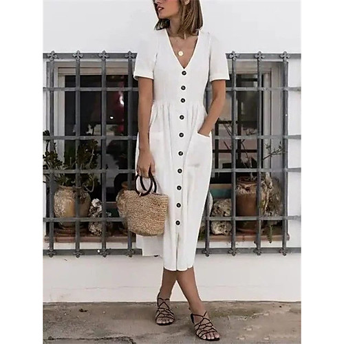 

Women's Maxi Sheath Dress - Short Sleeve Fashion Button Spring Summer Deep U Slim White Blue Yellow Blushing Pink S M L XL XXL