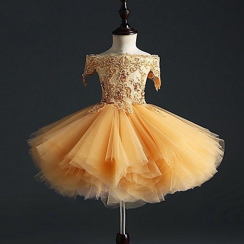 

Princess Short Length Pageant Flower Girl Dresses - Polyester Short Sleeve Off Shoulder with Appliques