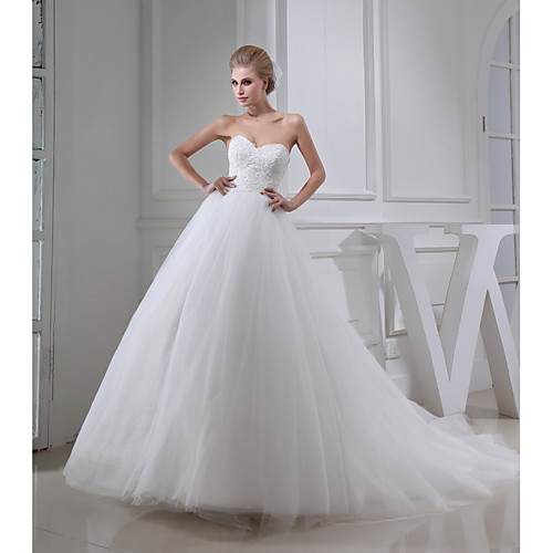 

A-Line Wedding Dresses Sweetheart Neckline Chapel Train Lace Satin Tulle Strapless with Beading Appliques 2021