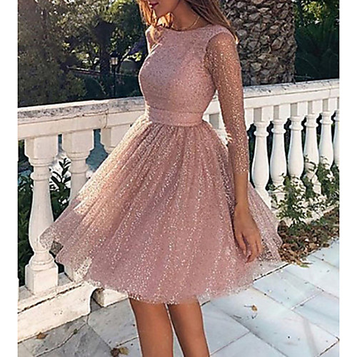 

Women's Swing Dress Short Mini Dress Blushing Pink Long Sleeve Solid Color Glitter Fall Spring Round Neck Party Hot 2021 S M L XL XXL