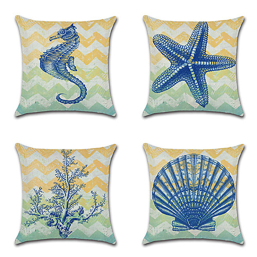 

4 pcs Linen Pillow Cover, Animal Nautical Cartoon Mediterranean Throw Pillow