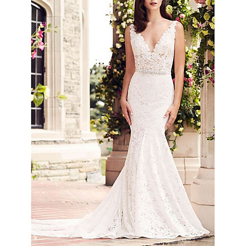 

Mermaid / Trumpet Wedding Dresses V Neck Court Train Lace Regular Straps with Beading 2021