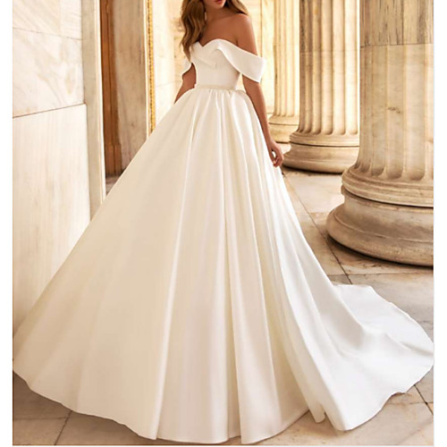 

A-Line Wedding Dresses Off Shoulder Court Train Charmeuse Short Sleeve Modern Elegant with Draping 2021