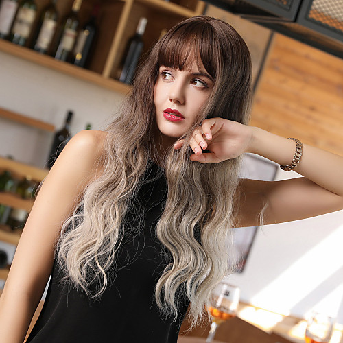 

Synthetic Wig Bangs Curly Water Wave Side Part Neat Bang With Bangs Wig Long Ombre Color Synthetic Hair 24 inch Women's Cosplay Women Synthetic White Dark Brown Gold Blonde Ombre HAIR CUBE