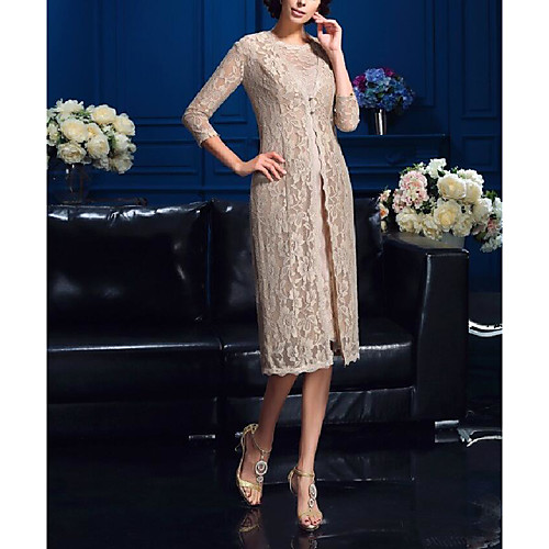 

Two Piece Sheath / Column Mother of the Bride Dress Wrap Included Jewel Neck Knee Length Lace Satin 3/4 Length Sleeve with Lace 2021