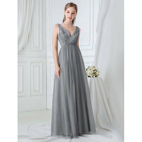 

A-Line Elegant Vintage Inspired Formal Evening Dress V Neck Sleeveless Floor Length Tulle Polyester with Appliques 2021