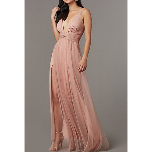 

A-Line Elegant Formal Evening Dress Spaghetti Strap Sleeveless Sweep / Brush Train Tulle Charmeuse with Pleats Split Front 2021