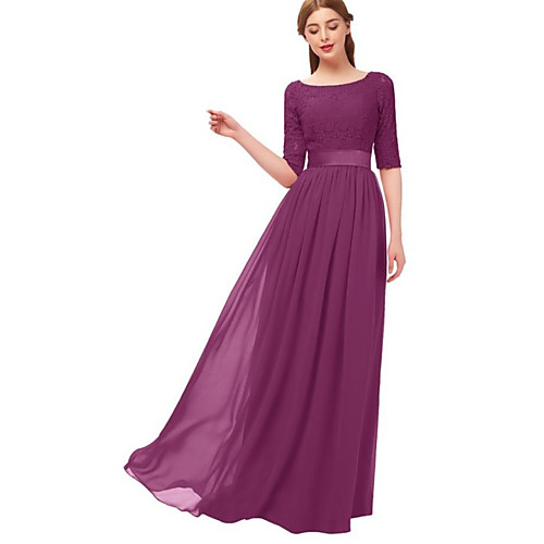 

A-Line Jewel Neck Floor Length Chiffon Bridesmaid Dress with Lace / Ruching