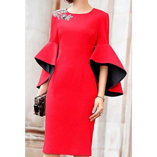

Sheath / Column Mother of the Bride Dress Plus Size Jewel Neck Knee Length Satin Half Sleeve with Appliques Split Front Ruching 2020 / Butterfly Sleeve
