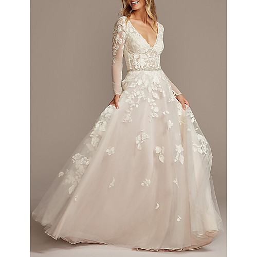

A-Line Wedding Dresses V Neck Court Train Tulle Long Sleeve See-Through Backless Illusion Sleeve with Beading Appliques 2021