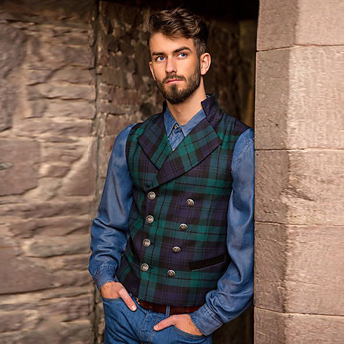 

Men's Vest, Plaid Shirt Collar Polyester Green