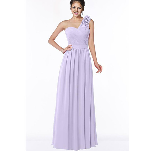 

A-Line One Shoulder Floor Length Chiffon Bridesmaid Dress with Appliques / Ruching