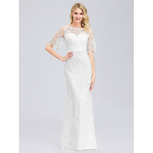 

Mermaid / Trumpet Wedding Dresses Jewel Neck Floor Length Spandex Lace Short Sleeve Casual See-Through with Lace 2021