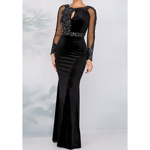 

Sheath / Column Sparkle Wedding Guest Formal Evening Dress Jewel Neck Long Sleeve Floor Length Tulle Velvet with Crystals Sequin 2021