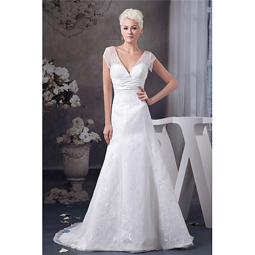 

A-Line Wedding Dresses V Neck Chapel Train Lace Satin Short Sleeve with Ruched Lace Insert 2021