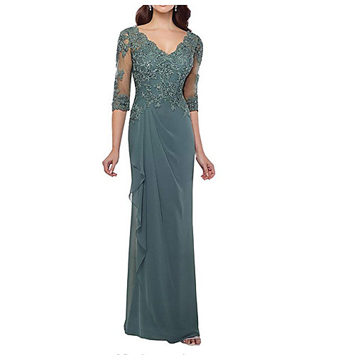 

Sheath / Column Elegant Formal Evening Dress Plunging Neck Half Sleeve Floor Length Chiffon Tulle with Ruffles Lace Insert Side Draping 2021