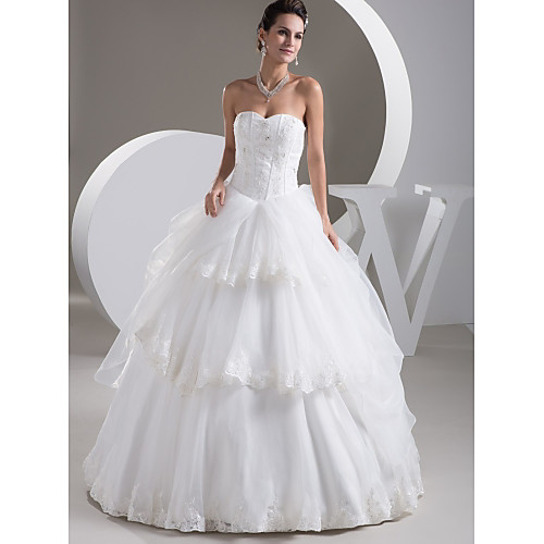 

Ball Gown Wedding Dresses Sweetheart Neckline Floor Length Lace Organza Satin Strapless with Pick Up Skirt Beading Appliques 2021