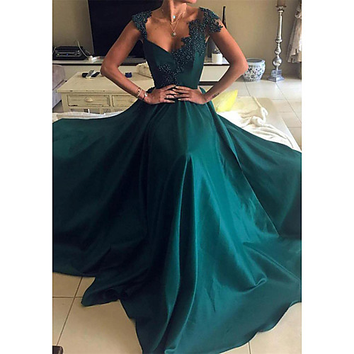 

A-Line Sexy Prom Formal Evening Dress Scalloped Neckline Sleeveless Court Train Satin with Beading Appliques 2021
