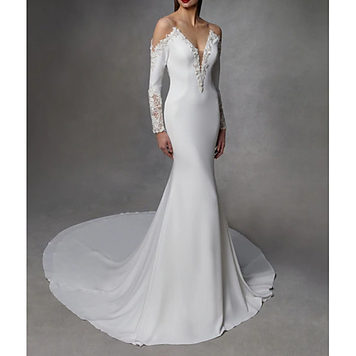 

Mermaid / Trumpet Wedding Dresses V Neck Court Train Stretch Satin Lace Over Satin Long Sleeve with Embroidery 2021