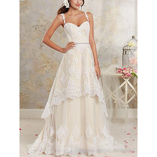 

A-Line Wedding Dresses Sweetheart Neckline Sweep / Brush Train Asymmetrical Lace Tulle Lace Over Satin Spaghetti Strap Cute with Appliques 2021