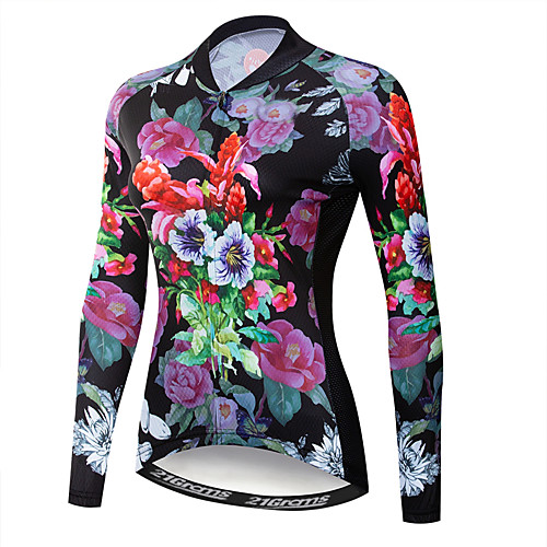 

21Grams Floral Botanical Women's Long Sleeve Cycling Jersey - Fuchsia Bike Jersey Top UV Resistant Breathable Quick Dry Sports Winter Elastane Terylene Polyester Taffeta Mountain Bike MTB Road Bike