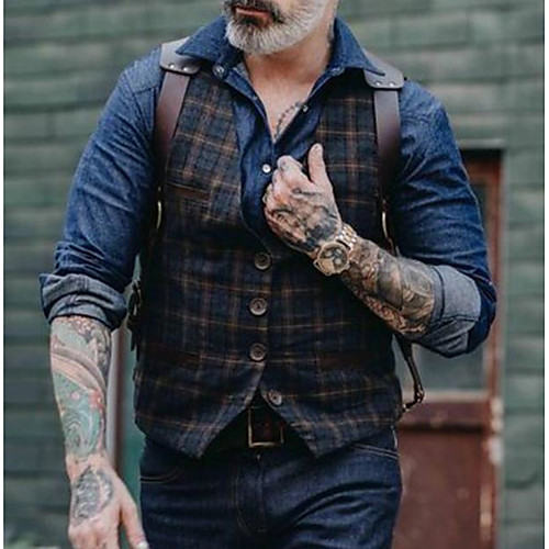 

Men's Vest, Plaid V Neck Polyester Black