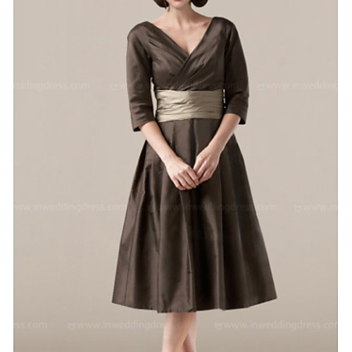 

A-Line Mother of the Bride Dress Plus Size Plunging Neck Tea Length Taffeta Half Sleeve with Sash / Ribbon Ruching 2021