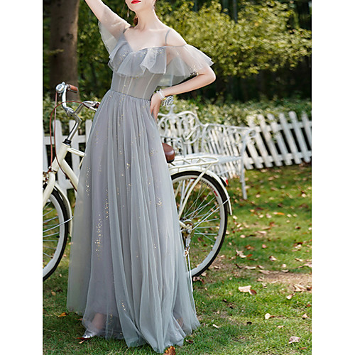 

A-Line V Neck Floor Length Chiffon Bridesmaid Dress with Lace / Ruffles