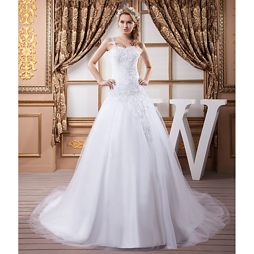 

A-Line Wedding Dresses Square Neck Court Train Lace Satin Tulle Spaghetti Strap with Ruched Beading Appliques 2021