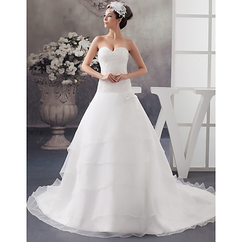 

A-Line Wedding Dresses Sweetheart Neckline Chapel Train Organza Satin Strapless with Beading Appliques Cascading Ruffles 2021