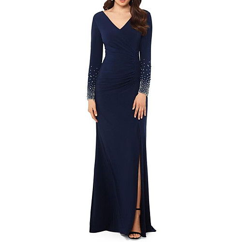 

A-Line Elegant Formal Evening Dress V Neck Long Sleeve Floor Length Stretch Satin with Beading Split Front 2021