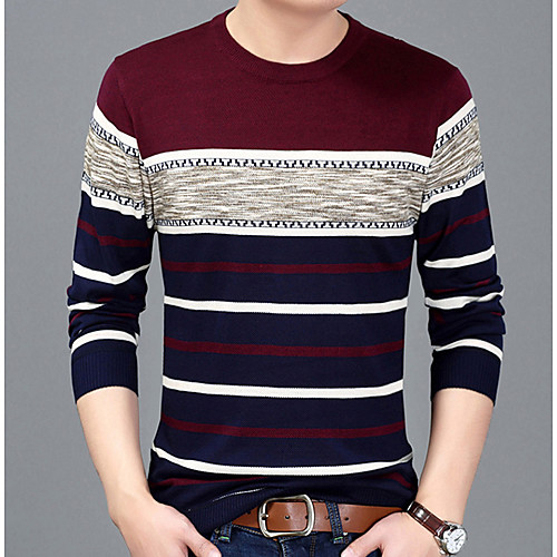 

Men's Striped Graphic T-shirt Daily Round Neck Wine / Blue / Orange / Long Sleeve