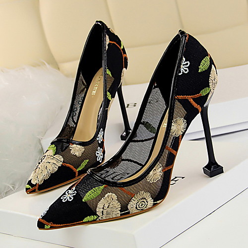 

Women's Heels Stiletto Heel Pointed Toe Satin Flower Mesh Business / Vintage Spring & Fall / Spring & Summer Black / Almond / Gold / Party & Evening