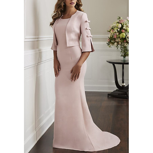 

Sheath / Column Mother of the Bride Dress Elegant & Luxurious Jewel Neck Sweep / Brush Train Satin 3/4 Length Sleeve with Bow(s) 2021