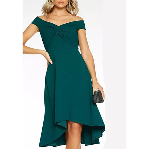 

A-Line Hot Wedding Guest Cocktail Party Dress Off Shoulder Short Sleeve Asymmetrical Jersey with Ruched 2021