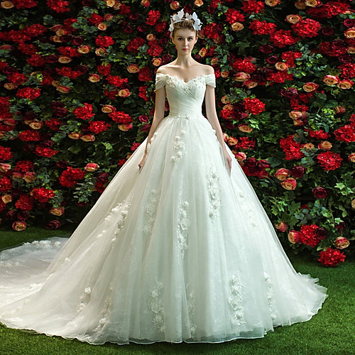 

Ball Gown A-Line Wedding Dresses Off Shoulder Court Train Lace Tulle Short Sleeve Country Romantic Illusion Detail Backless with Appliques 2020