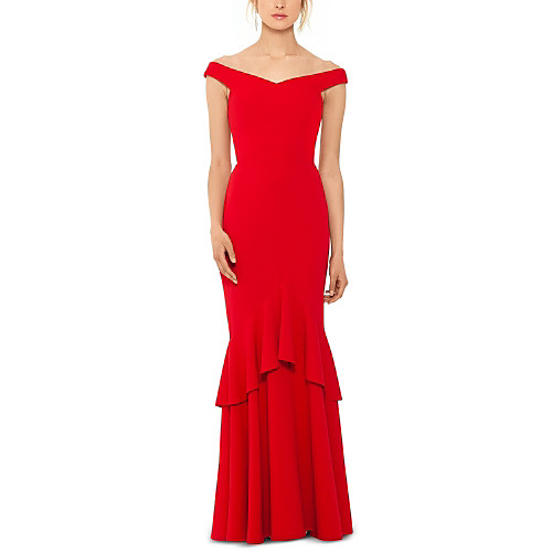 

Mermaid / Trumpet Elegant Wedding Guest Formal Evening Dress Off Shoulder Short Sleeve Floor Length Jersey with Ruffles Tier 2021