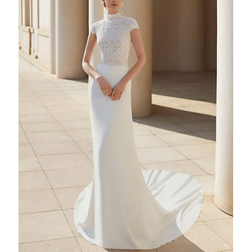 

Sheath / Column Wedding Dresses High Neck Court Train Lace Satin Cap Sleeve Formal Backless with Lace Insert 2021