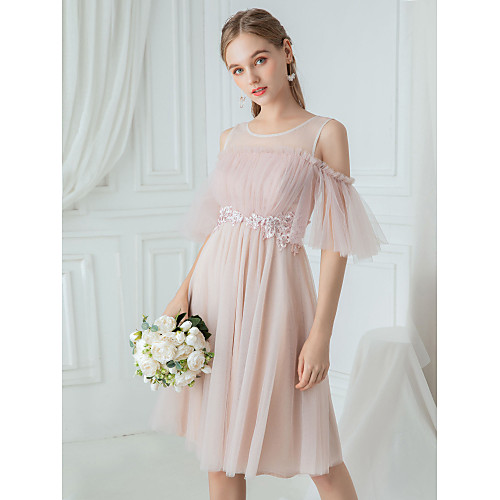 

A-Line Jewel Neck Knee Length Polyester / Lace / Tulle Bridesmaid Dress with Draping / Lace / Illusion Sleeve