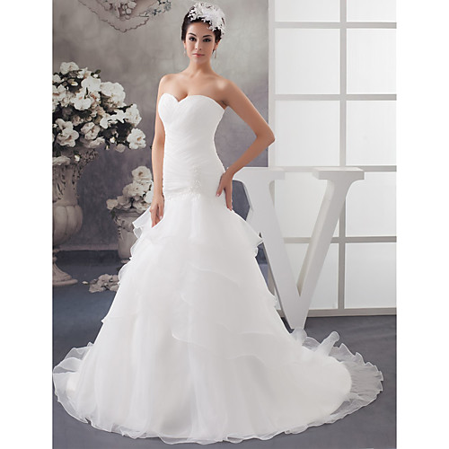 

A-Line Wedding Dresses Sweetheart Neckline Chapel Train Organza Strapless with Ruched Beading Cascading Ruffles 2021
