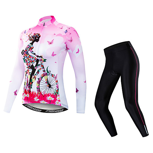 

21Grams Floral Botanical Women's Long Sleeve Cycling Jersey with Tights - Pink Bike Clothing Suit UV Resistant Breathable Quick Dry Sports Winter Elastane Terylene Polyester Taffeta Mountain Bike MTB