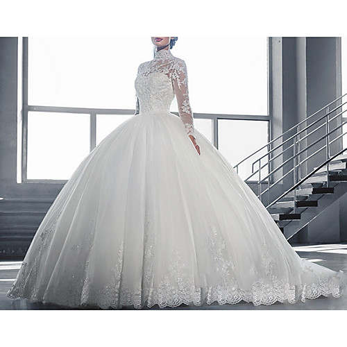 

Ball Gown Wedding Dresses High Neck Court Train Tulle Long Sleeve Glamorous Vintage See-Through Backless Illusion Sleeve with Lace Insert Appliques 2020