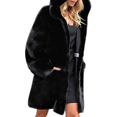

Women's Daily Fall & Winter Regular Faux Fur Coat, Solid Colored Hooded Long Sleeve Faux Fur Black