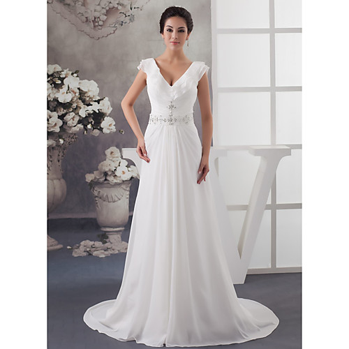 

A-Line Wedding Dresses V Neck Court Train Chiffon Satin Spaghetti Strap with Ruched Beading Draping 2021