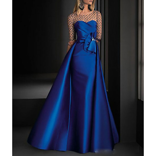 

A-Line Vintage Blue Engagement Formal Evening Dress Illusion Neck Half Sleeve Floor Length Satin with Crystals Overskirt 2020