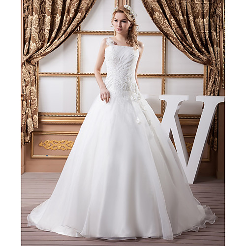 

Ball Gown Wedding Dresses Square Neck Court Train Organza Satin Spaghetti Strap with Ruched Beading 2021